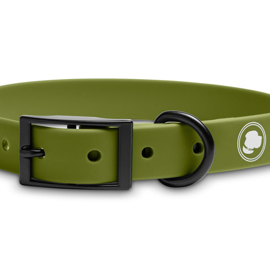 Olive green dog collar by The Modern Dog Company, featuring a black buckle and D-ring, weather and odor resistant.