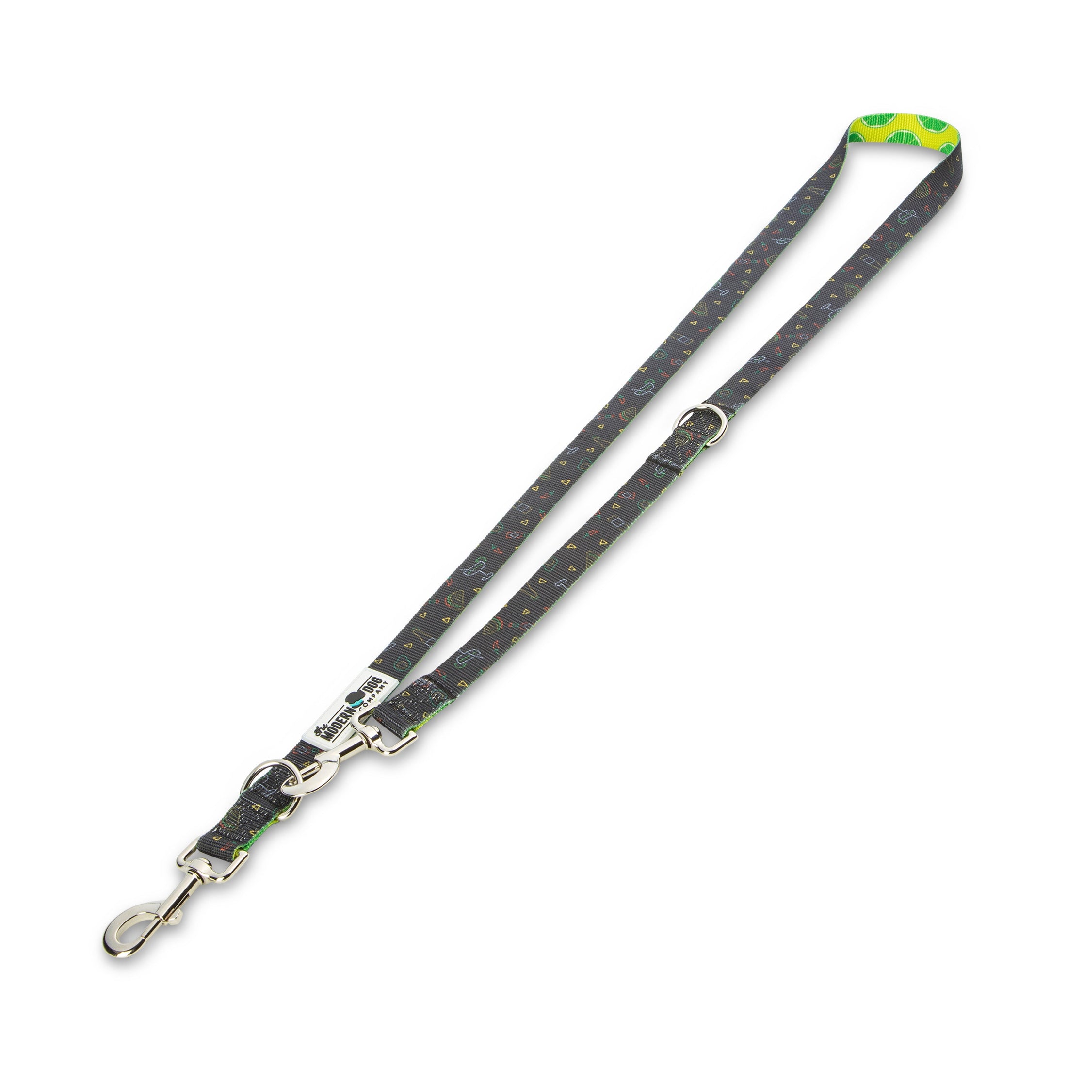 Southlake Paws Retro Taco Tuesday Leash featuring a gray background with colorful taco patterns and a sturdy metal clip.