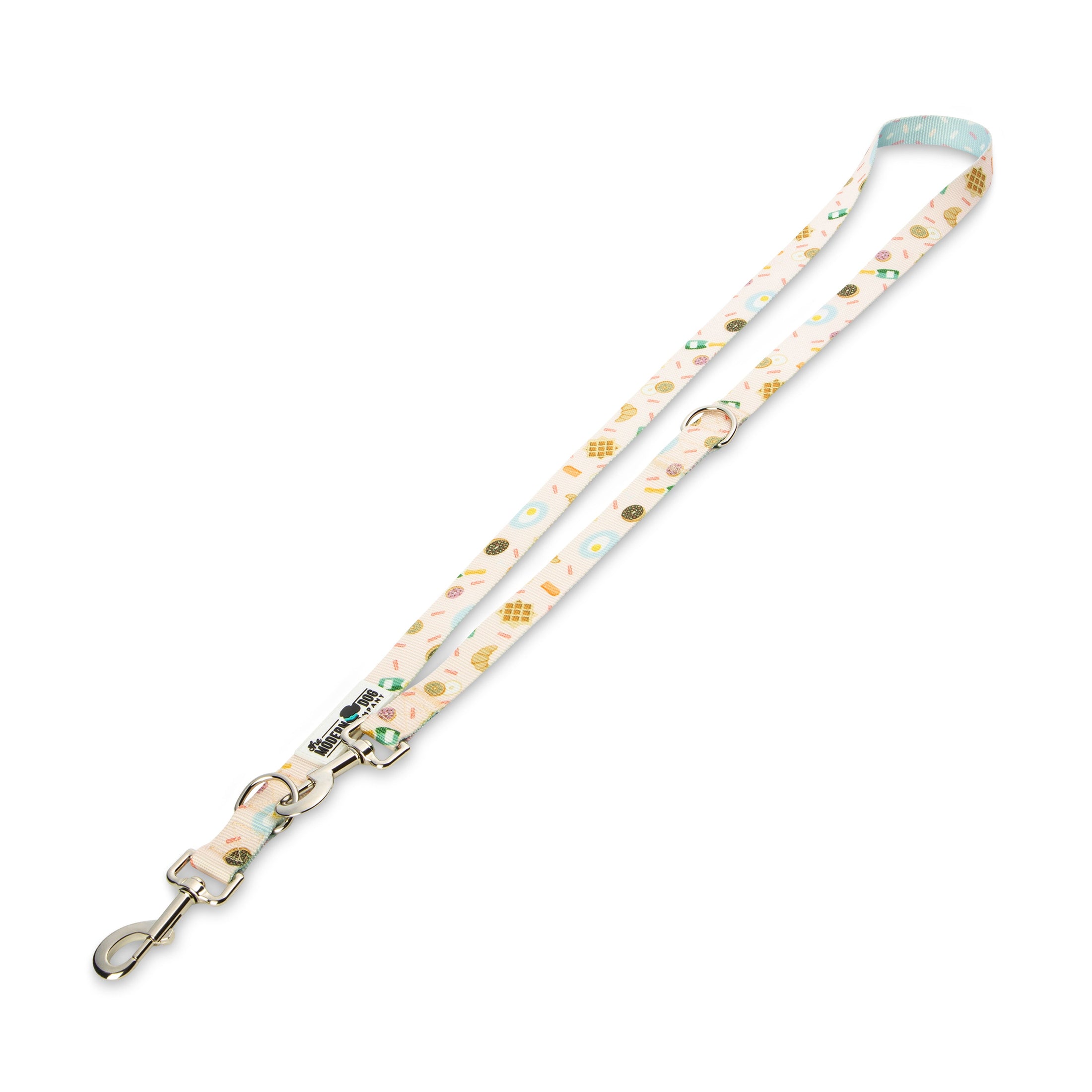 Southlake Paws Bottomless Brunch Leash featuring a playful food pattern on a light background with a silver clip.