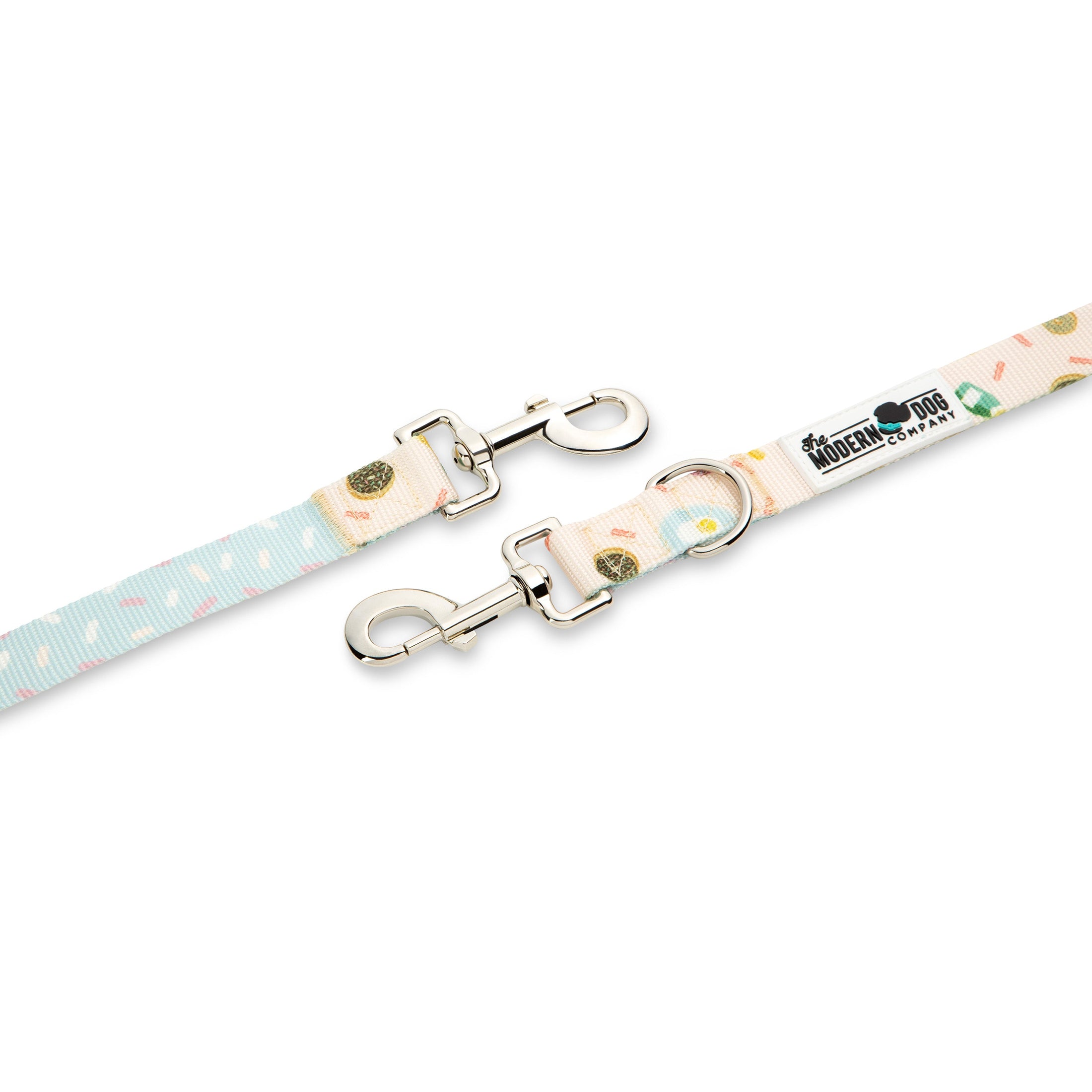 Bottomless Brunch Leash by The Modern Dog Company features a pastel design with food patterns and silver metal clips.