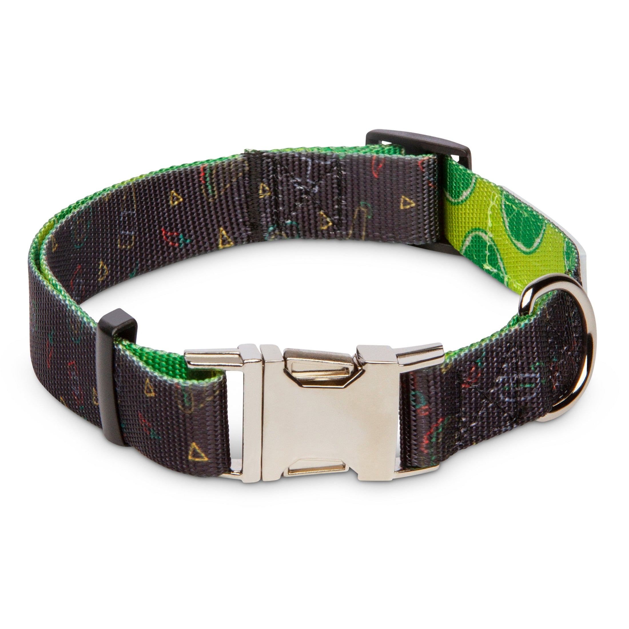 Retro Taco Tuesday Collar by The Modern Dog Company featuring a colorful taco pattern on a durable strap with a silver buckle