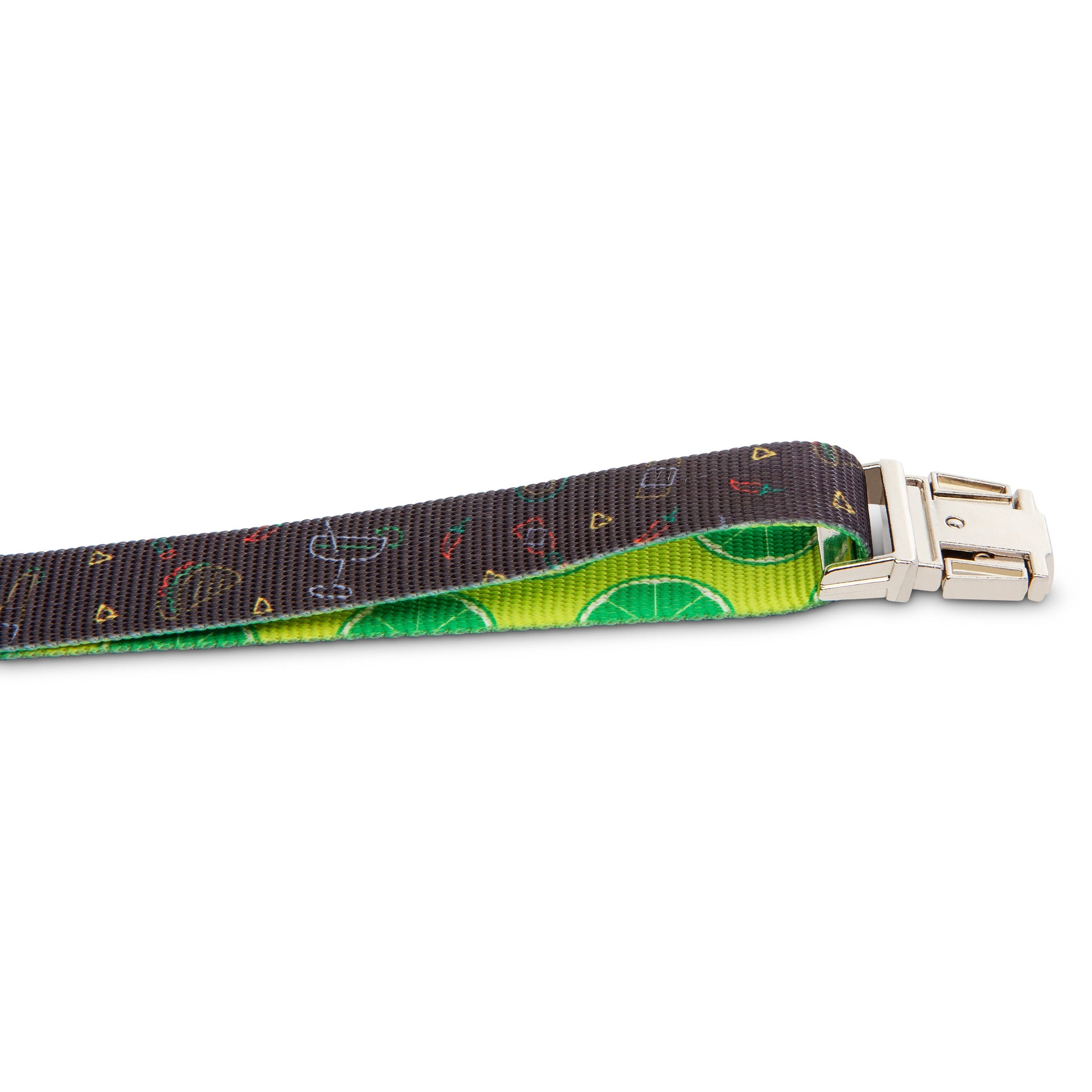 Colorful dog collar featuring a retro taco design with limes and vibrant graphics, adjustable with a metal buckle.