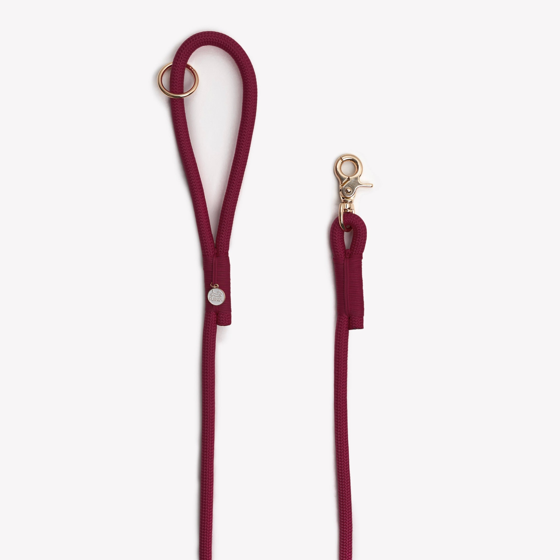 Bordeaux braided rope leash by Southlake Paws in deep burgundy with gold hardware and a loop handle.