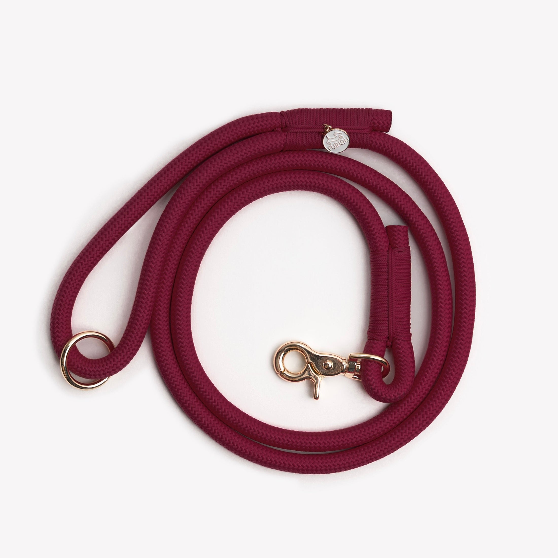 Braided rope leash in Bordeaux color with a gold clip and handle, designed for pets by Southlake Paws.