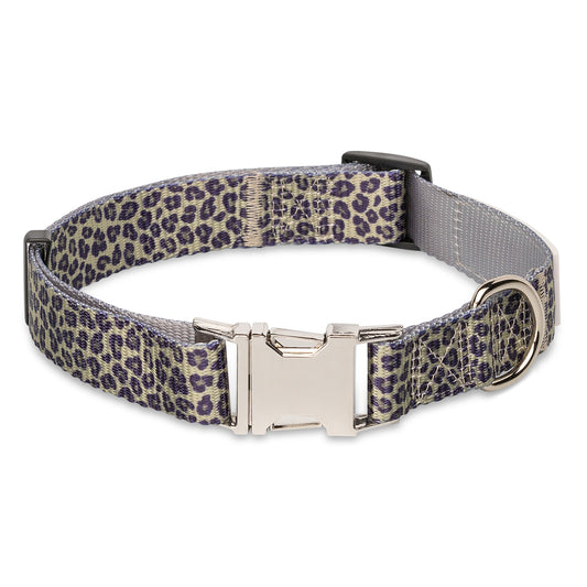 Leopard print dog collar from Southlake Paws, featuring a silver buckle and D-ring for leash attachment.