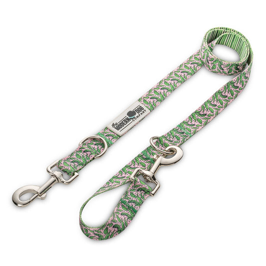 Pink Tropics Leash by The Modern Dog Company features a vibrant tropical design with green and pink patterns, silver hardware
