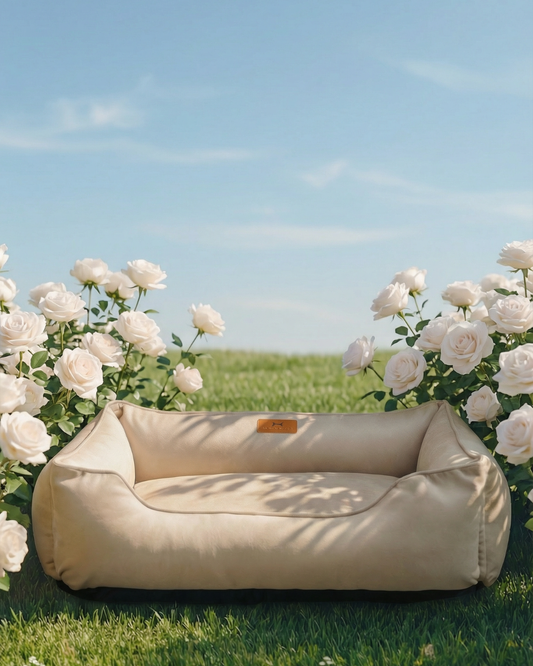 Bolster Beds Premium Chester & Lee | Classic Velvet Sleeper Dog Bed Beige
