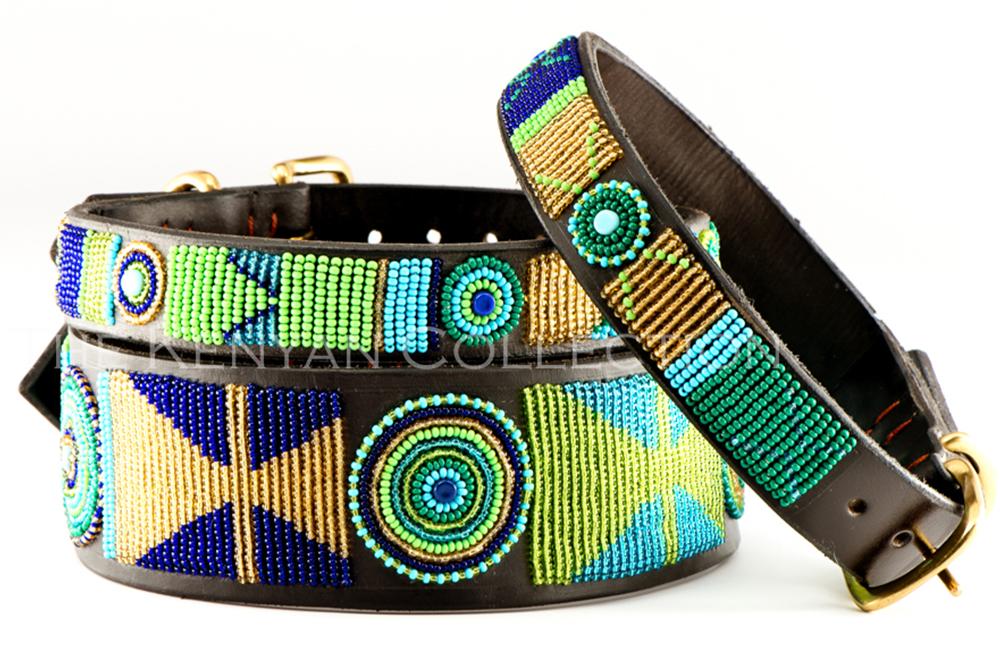 Wide width TKC Peacock Belt by Southlake Paws featuring colorful beadwork and a brass buckle on a leather strap.