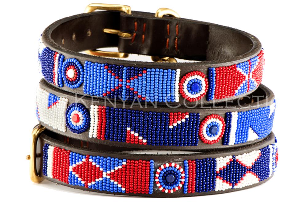 Southlake Paws TKC Red White and Blue Belt in Wide Width features colorful beadwork with a brass buckle on a leather strap.