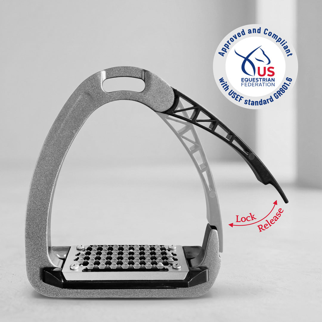 Southlake Paws TuffRider Tech Safety Stirrups featuring a durable design with a locking mechanism and textured footbed for gr