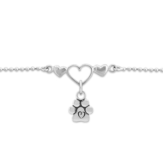 Paw Print Anklet, Sterling Silver One Love Ankle Bracelet w/Puppy Love Paws