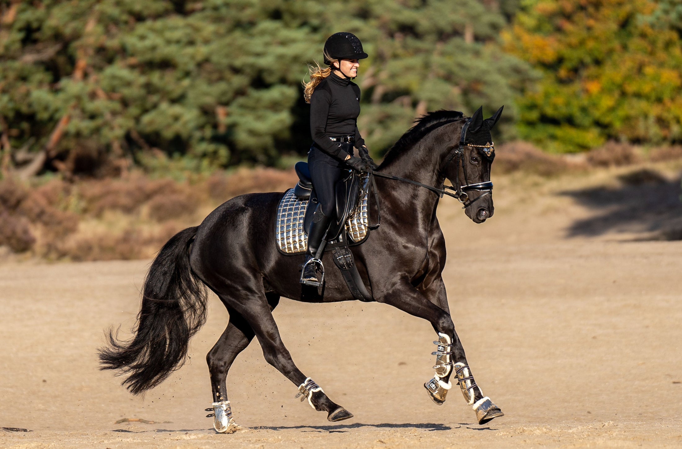 A rider in black attire on a black horse, wearing Southlake Paws Aurum Open Front Boots, in a natural outdoor setting.