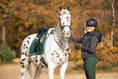 Load image into Gallery viewer, Southlake Paws Pine Grove Saddle Pad on a horse, with a rider in a black vest and helmet, set in a fall landscape.
