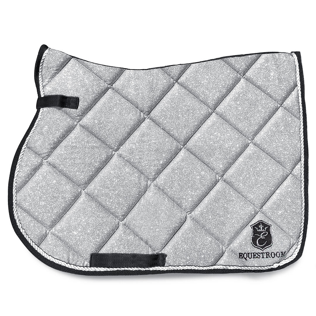 Royal Silver Saddle Pad by Southlake Paws, featuring a quilted design with a shimmering silver finish and black trim.