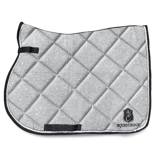 Royal Silver Saddle Pad by Southlake Paws, featuring a quilted design with a shimmering silver finish and black trim.