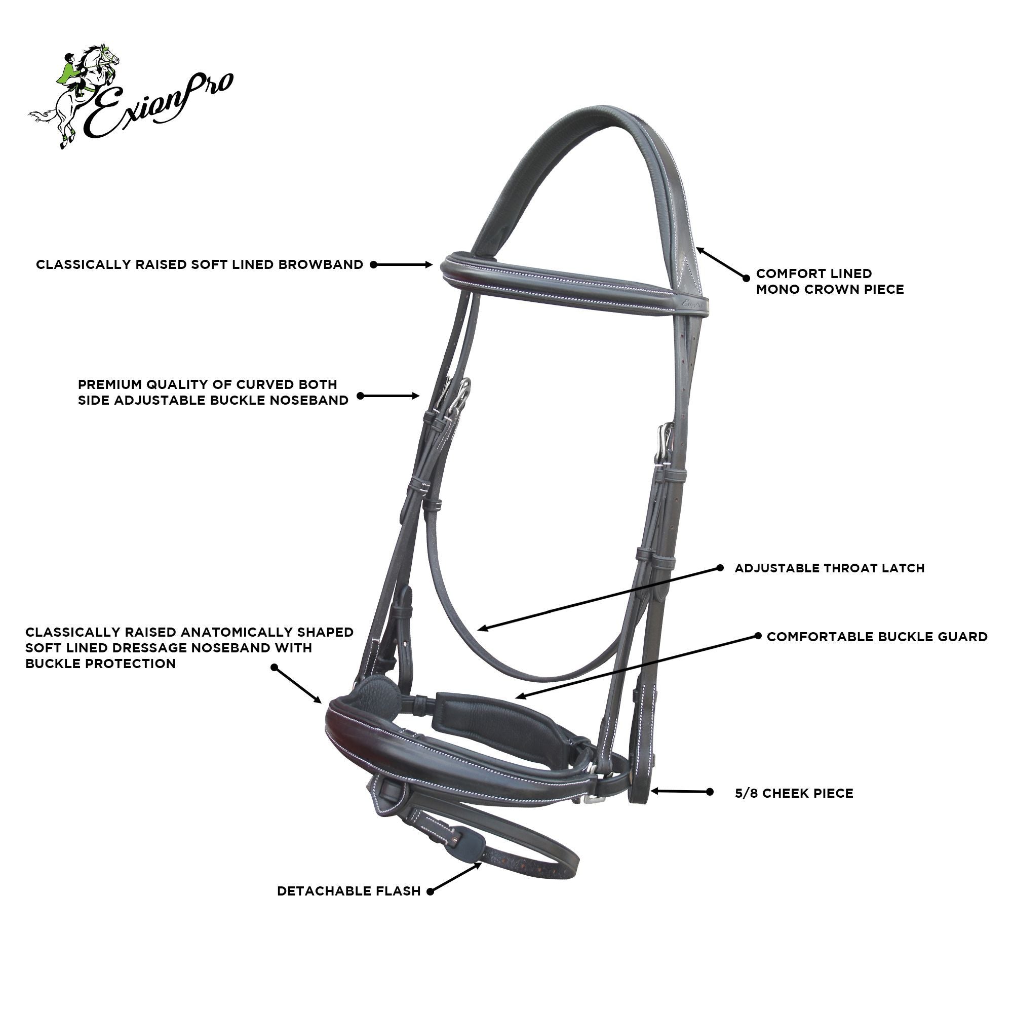 ExionPro Dressage Bridle: Mono Crown, Raised Browband, Anatomical Noseband, Detachable Flash & Web Reins - Southlake Paws
