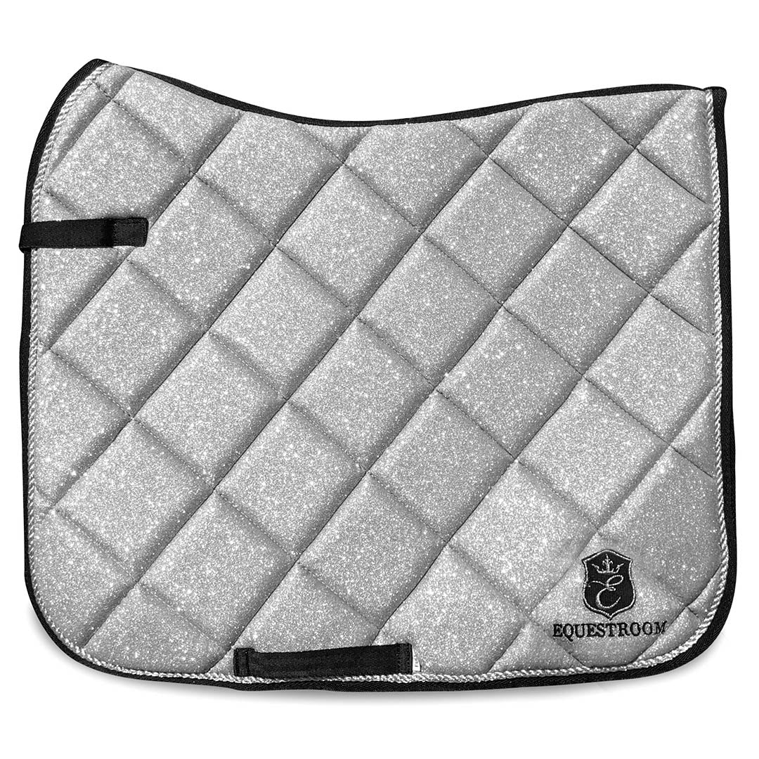 Royal Silver Saddle Pad by Southlake Paws featuring a quilted design with a sparkling silver finish and logo.
