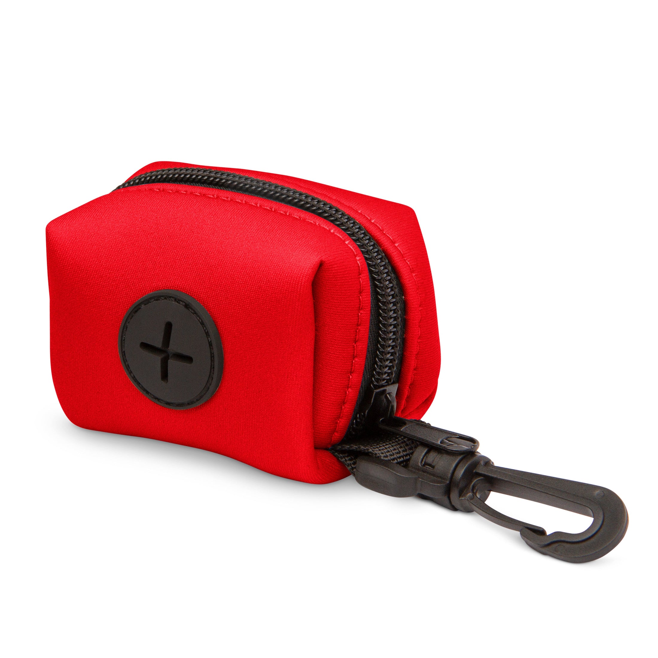 Ruby Red Poop Bag Holder by The Modern Dog Company, featuring a zippered design and a clip for easy attachment.