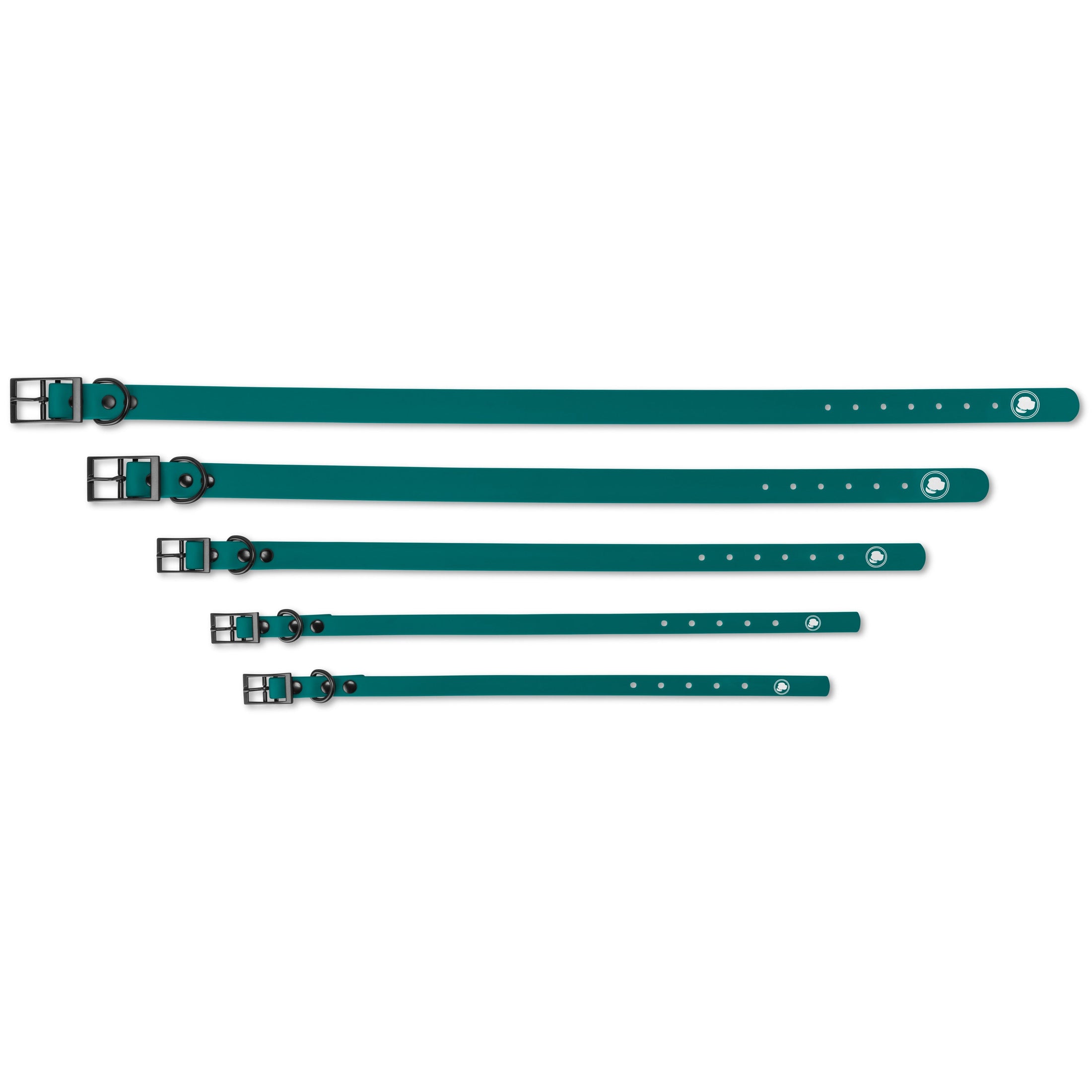 Forest Green dog collars from The Modern Dog Company, featuring weather and odor resistance, available in five sizes.