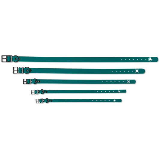 Forest Green dog collars from The Modern Dog Company, featuring weather and odor resistance, available in five sizes.