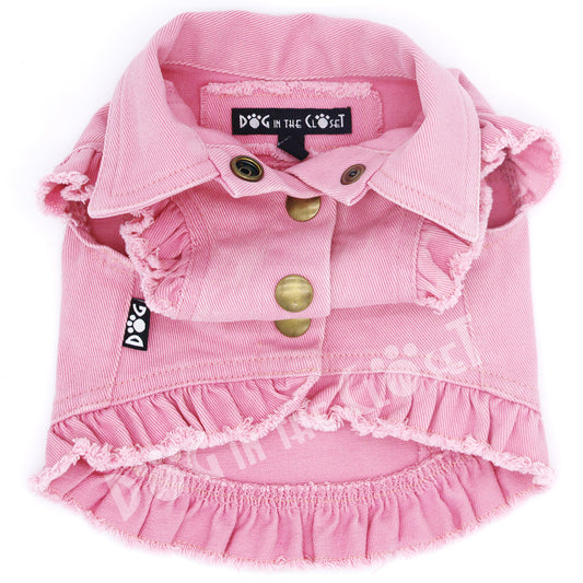 Custom Pink Service Dog Denim Jacket with Ruffles & Sewn-On Patches by Dog in the Closet