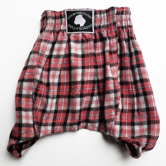 Gray, Red, & Black Plaid Flannel Belly Boxer Shorts for Dogs back view