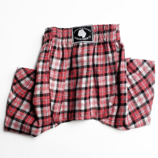 Gray, Red, & Black Plaid Flannel Boxer Shorts for Dogs back view