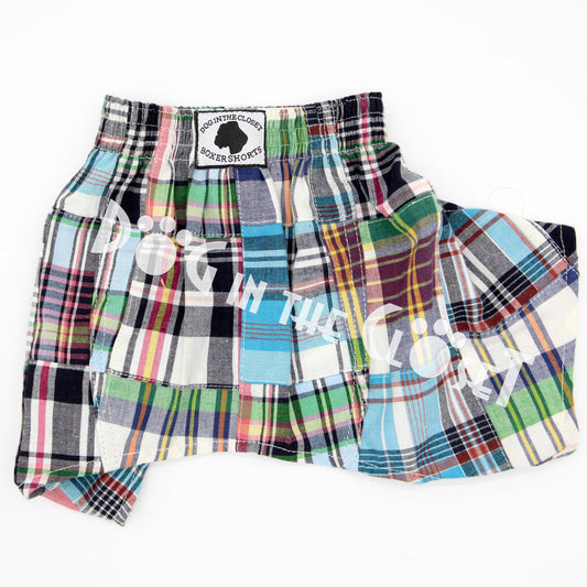 Madras Plaid Patchwork Boxer Shorts for Dogs back view