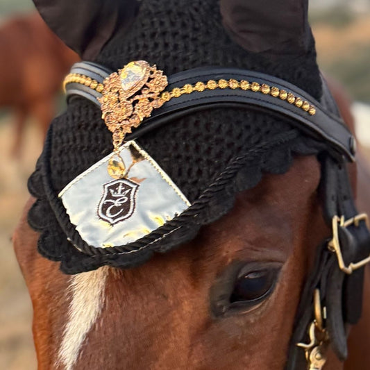 Champagne Ultra Bling Horse Browband by Southlake Paws featuring sparkling embellishments and a stylish design on a horse.