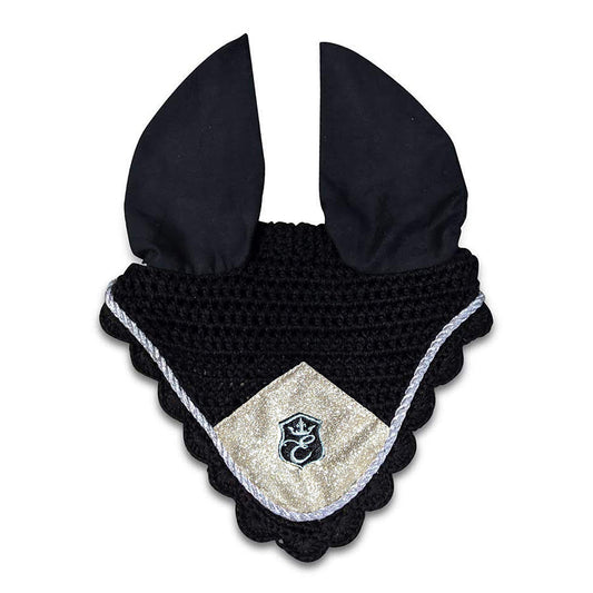 Black champagne fly hat with pointed ears and a silver scalloped edge, featuring a logo on the front.