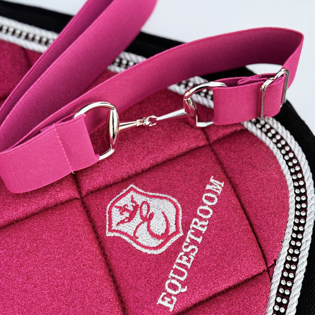 Southlake Paws Raspberry Fizz Elastic Equestrian Belt in vibrant pink with silver accents and a secure metal clasp.