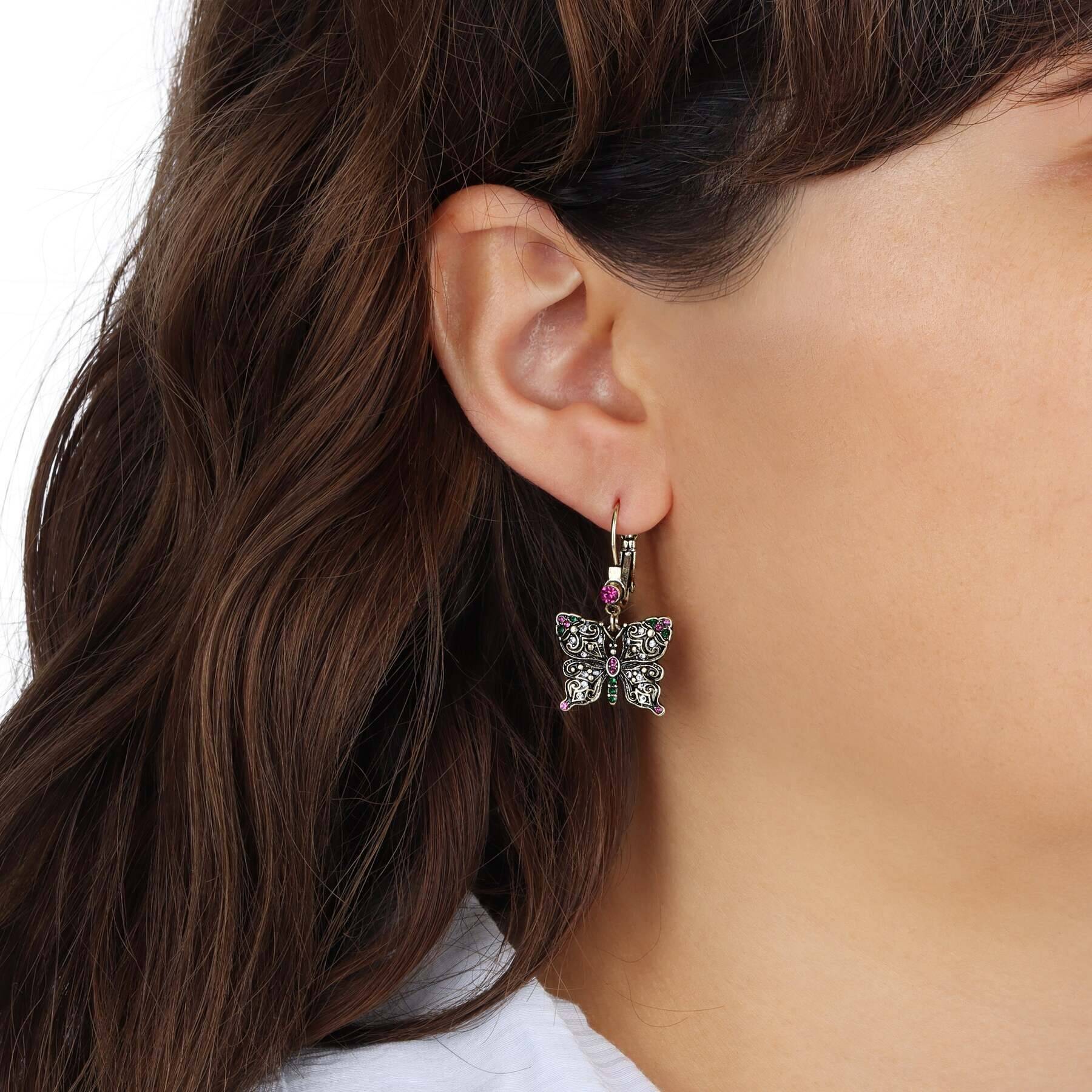 Antiqued Butterfly Multi Color Crystals Drop Earrings