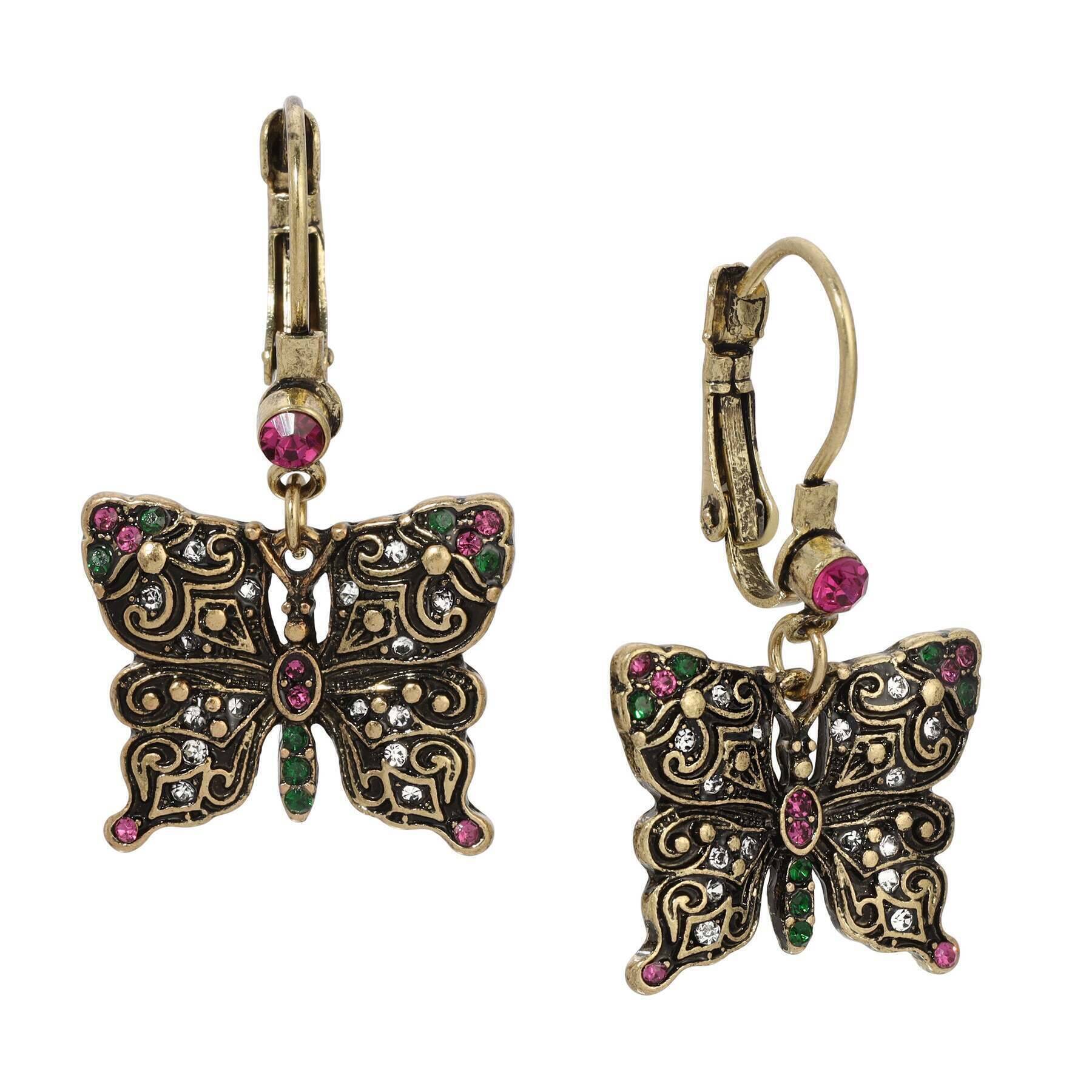 Antiqued Butterfly Multi Color Crystals Drop Earrings