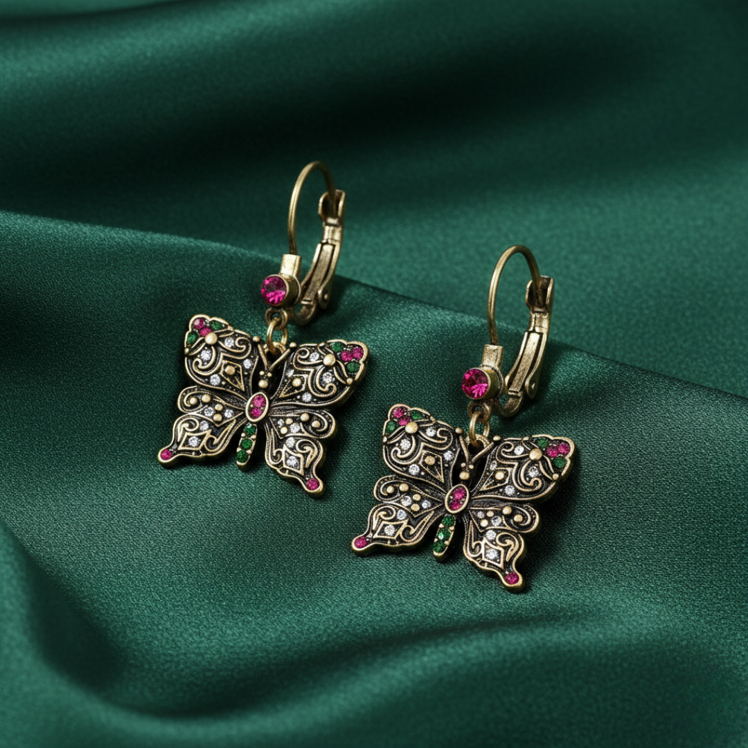 Antiqued Butterfly Multi Color Crystals Drop Earrings