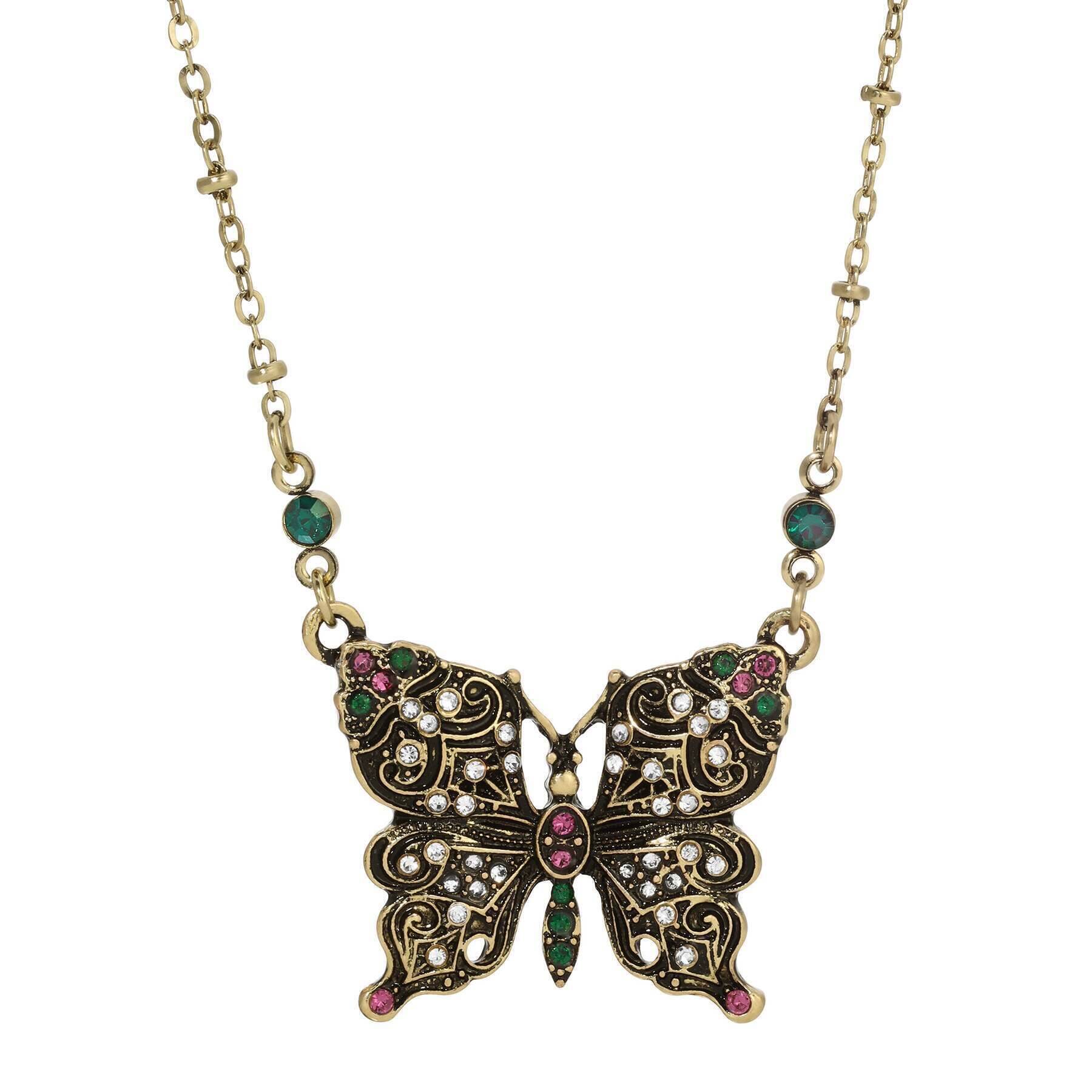Antiqued Butterfly Multi Color Crystals Pendant Necklace 16" + 3" Extension