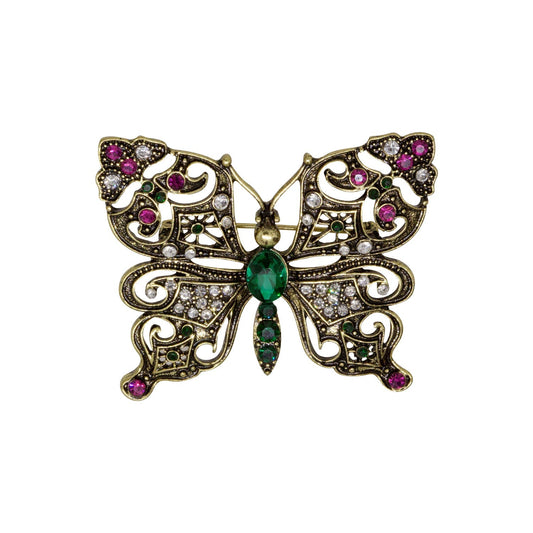 Green & Fuchsia Crystals Butterfly Brooch