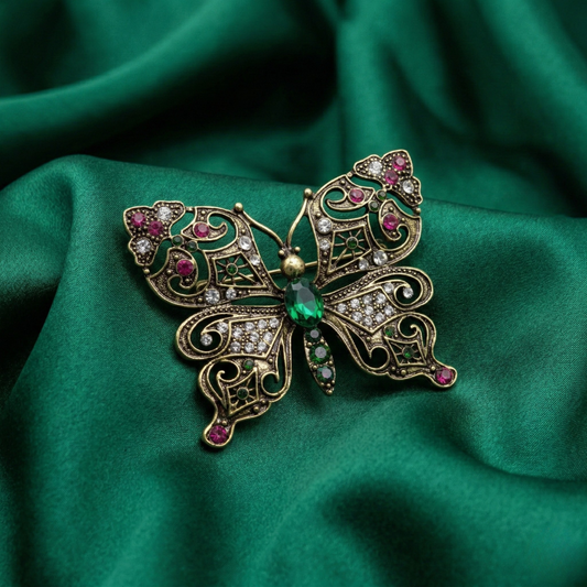 Green & Fuchsia Crystals Butterfly Brooch
