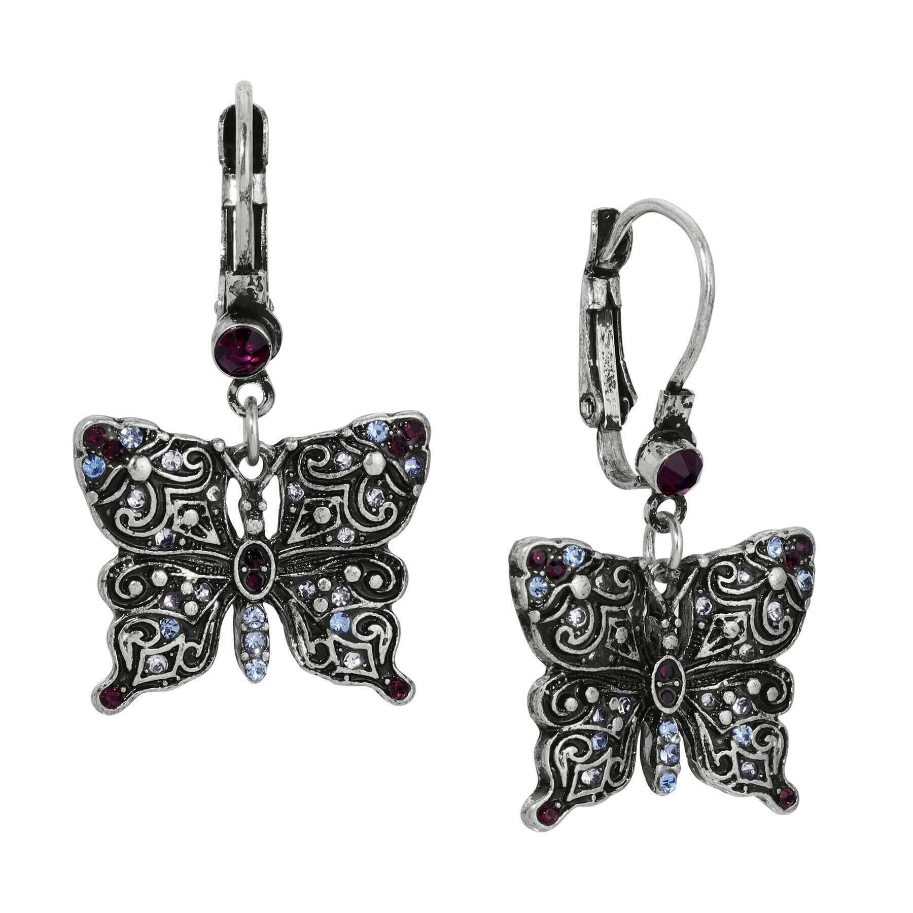 Antiqued Butterfly Multi Color Crystals Drop Earrings