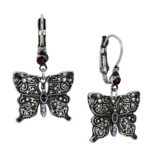 Antiqued Butterfly Multi Color Crystals Drop Earrings