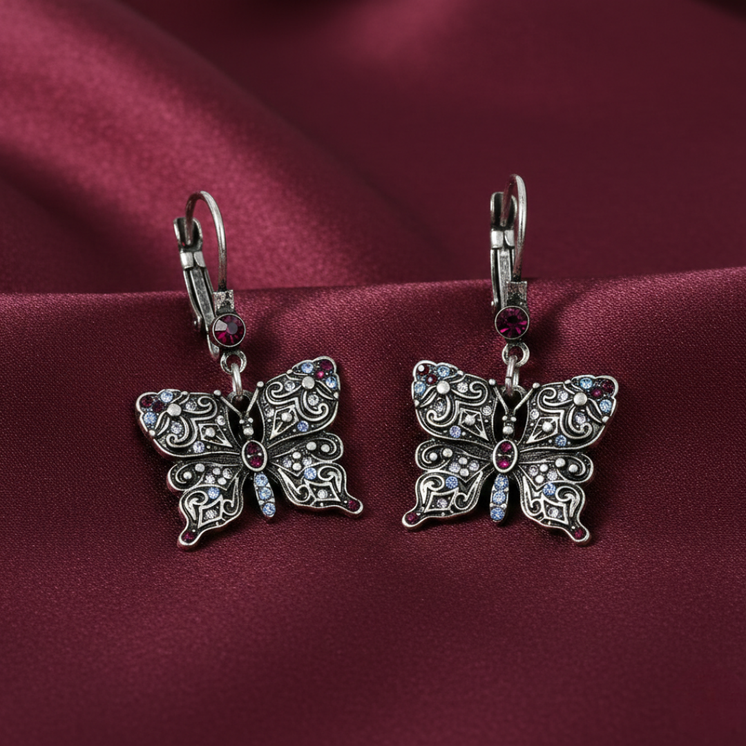 Antiqued Butterfly Multi Color Crystals Drop Earrings