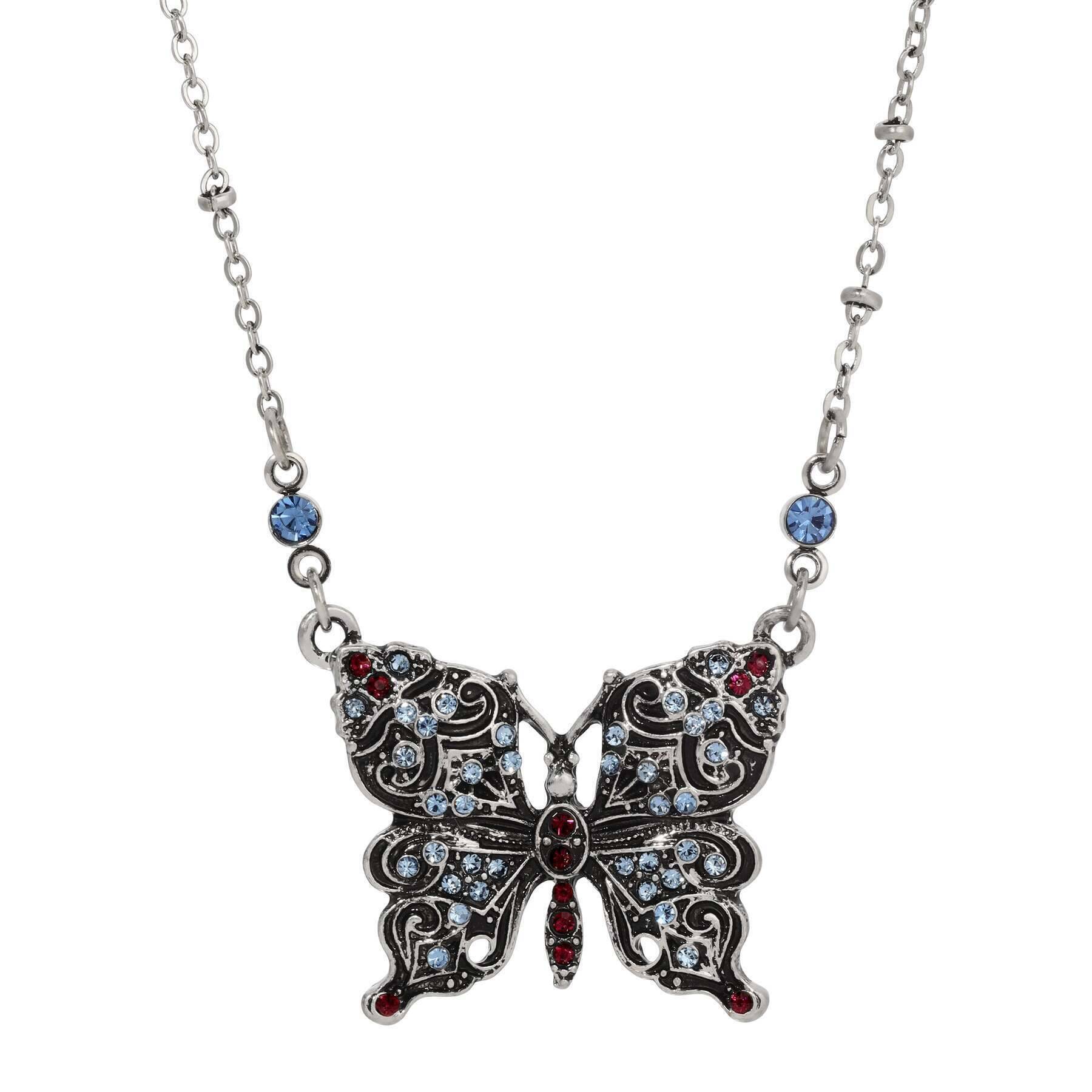 Antiqued Butterfly Multi Color Crystals Pendant Necklace 16" + 3" Extension