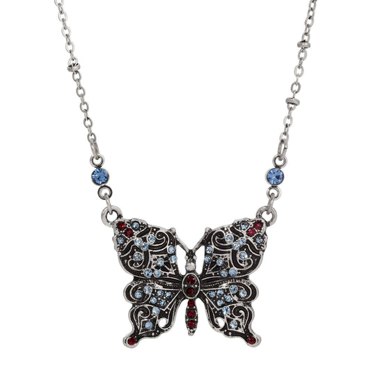 Antiqued Butterfly Multi Color Crystals Pendant Necklace 16" + 3" Extension