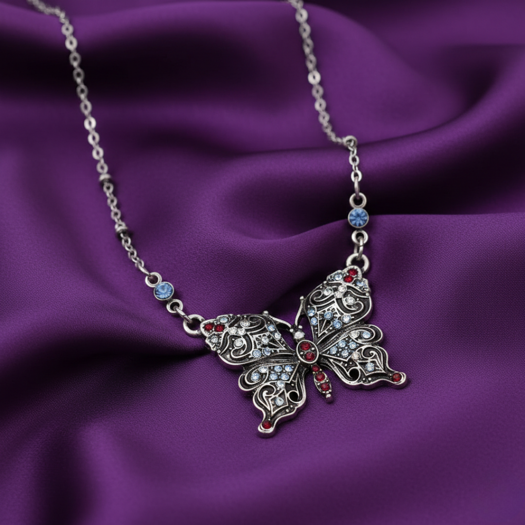 Antiqued Butterfly Multi Color Crystals Pendant Necklace 16" + 3" Extension