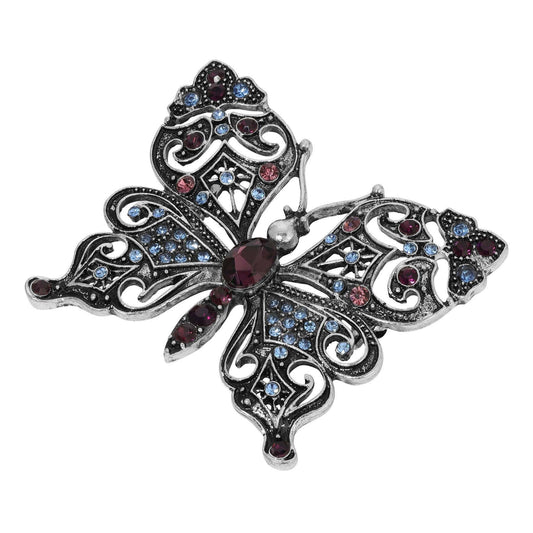 Antiqued Butterfly Multi Color Crystals Brooch