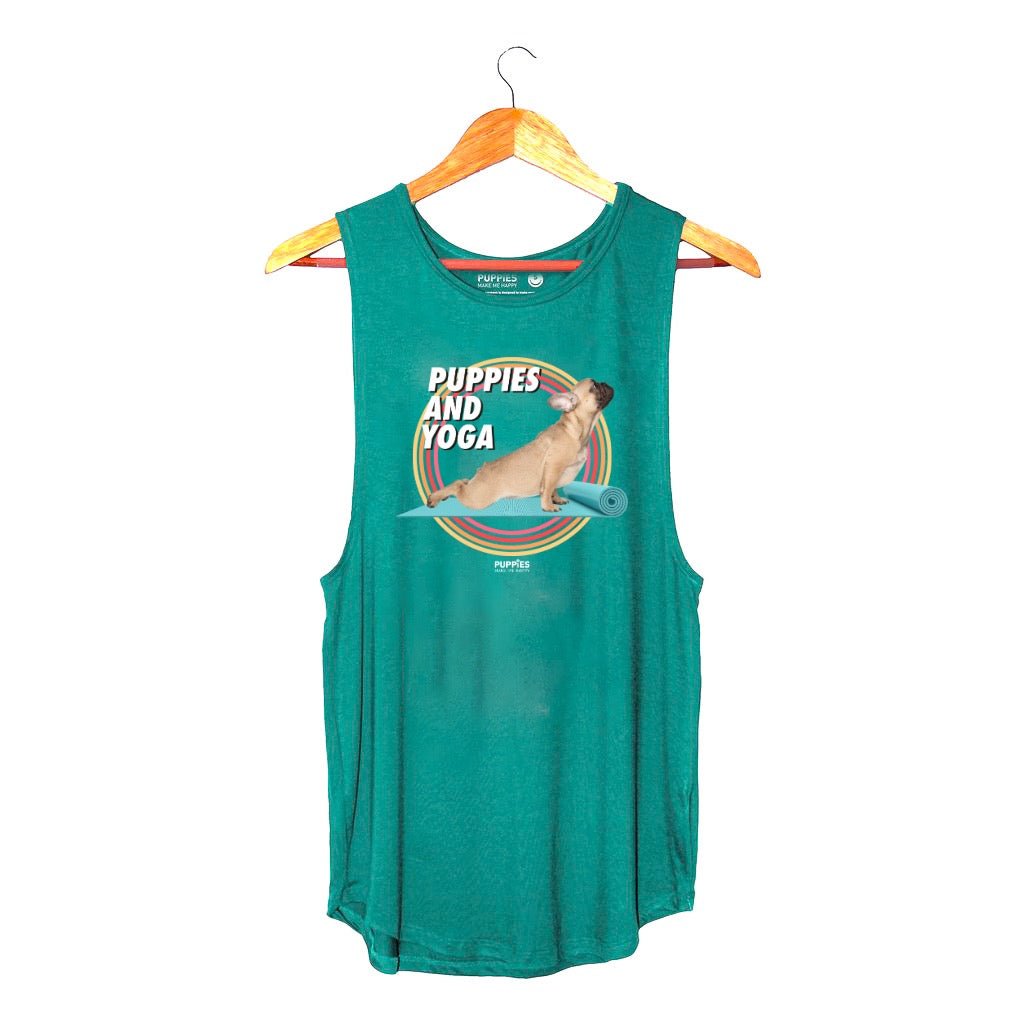 Teal sleeveless tank top featuring a graphic of a dog on a yoga mat with the text "Puppies and Yoga." Ideal gift for dog love