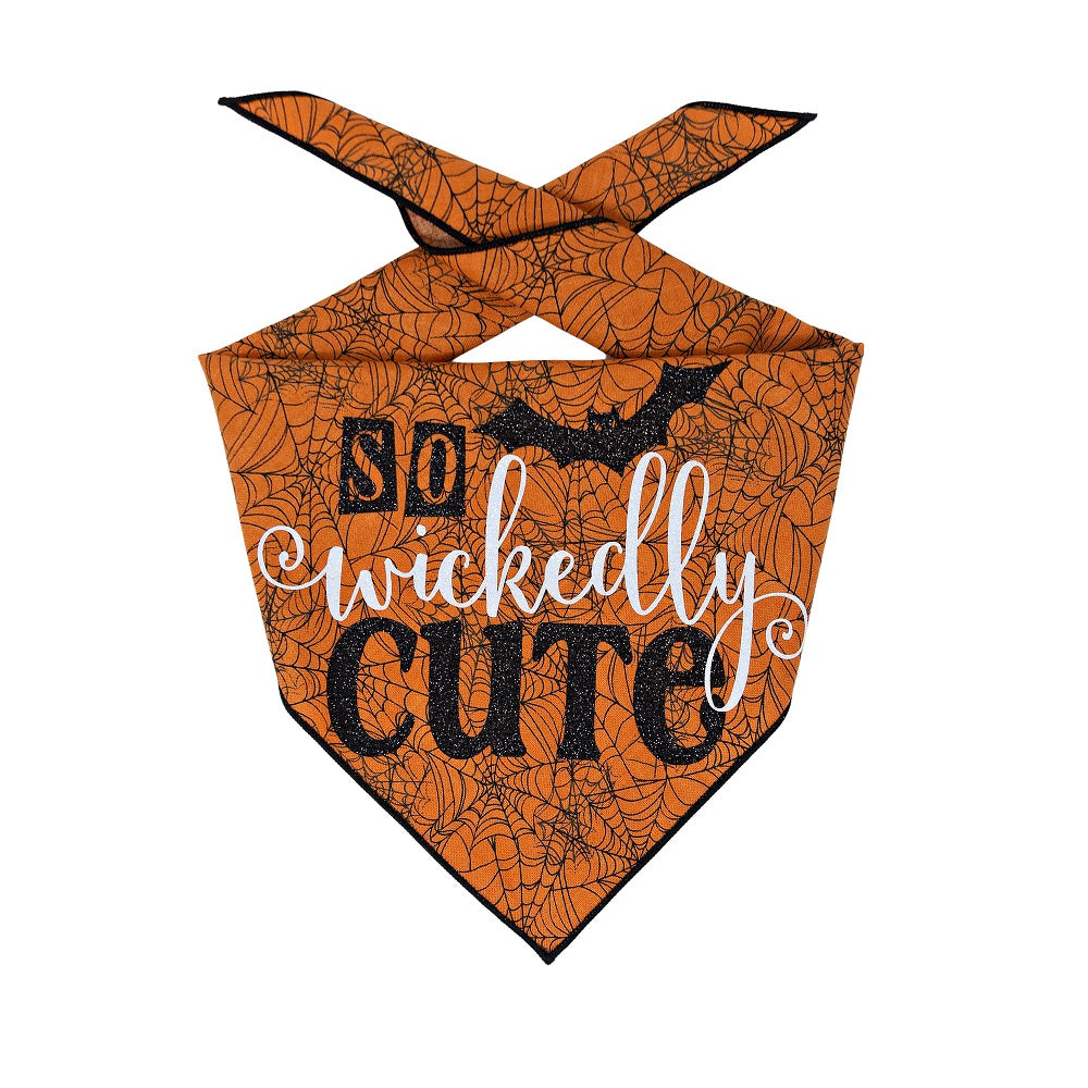 Halloween Bandana | Halloween Dog Bandana, Orange Spider Web with Bat | So Wickedly Cute  | - Southlake Paws