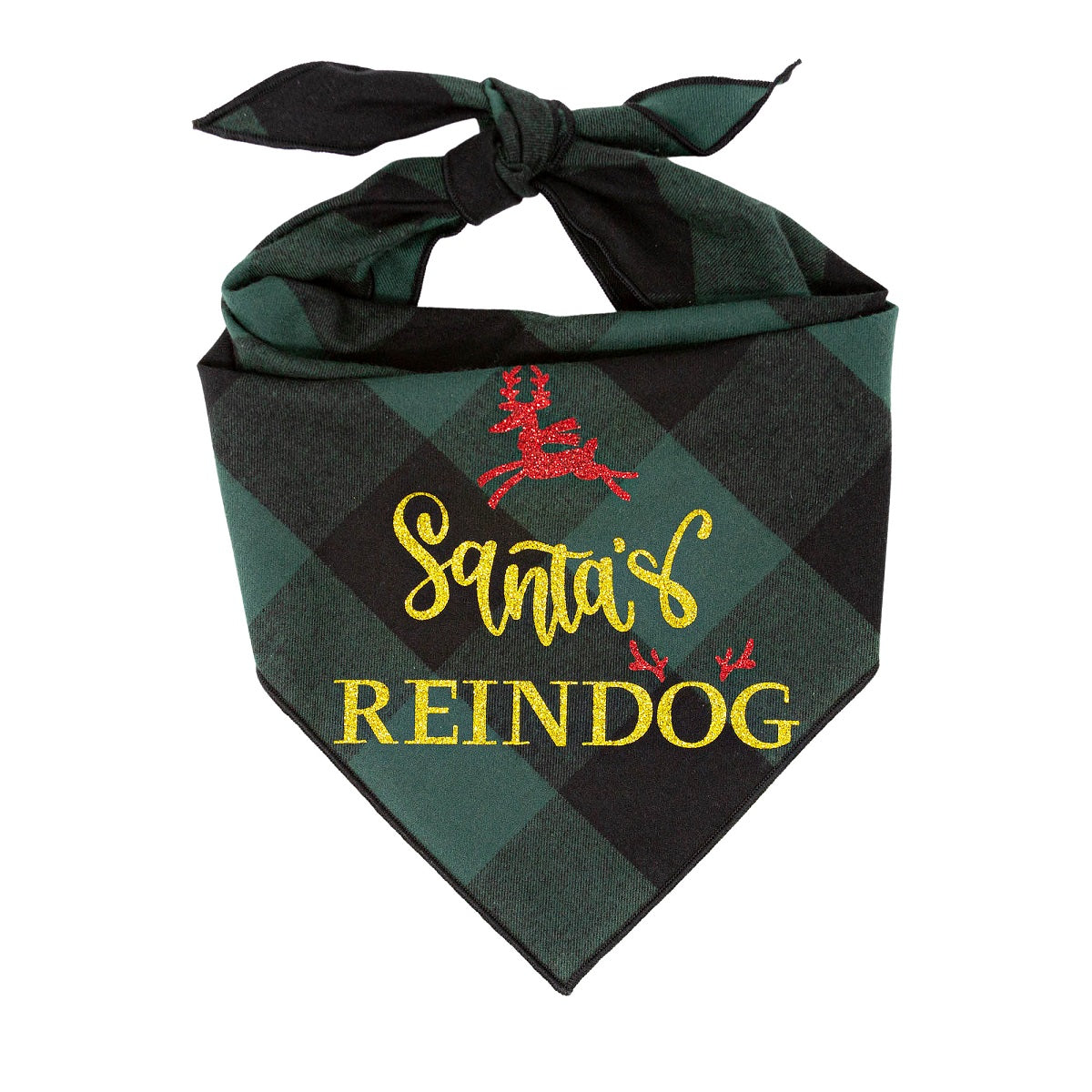 Christmas Dog Bandana - Black & Green Plaid Flannel  - SANTA'S REINDOG - Southlake Paws