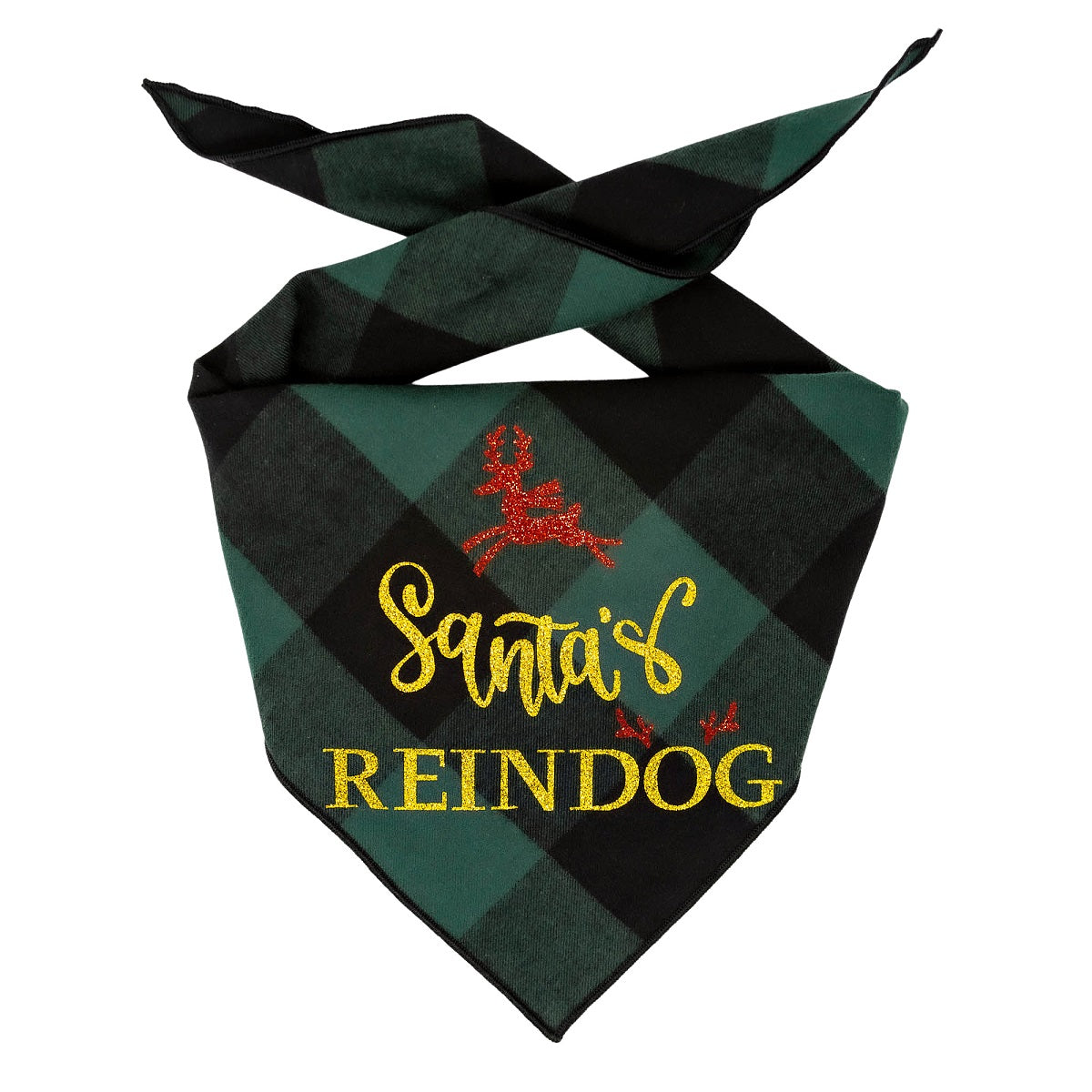Christmas Dog Bandana - Black & Green Plaid Flannel  - SANTA'S REINDOG - Southlake Paws