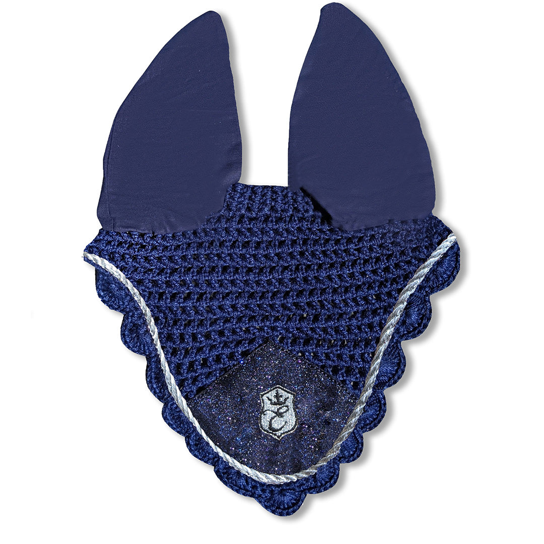 Deep Sapphire Fly Hat by Southlake Paws featuring a crocheted design with scalloped edges and ear covers.