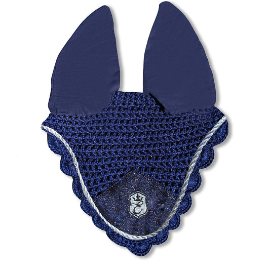 Deep Sapphire Fly Hat by Southlake Paws featuring a crocheted design with scalloped edges and ear covers.
